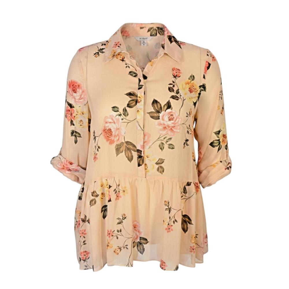 Cupio Blouse Women's L Light Peach Floral Chiffon Sheer Babydoll Rolltab Sleeve